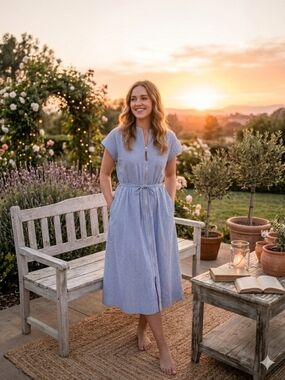 NWOT! Light Blue Tie-Waist Midi Dress with Front Zip Detail